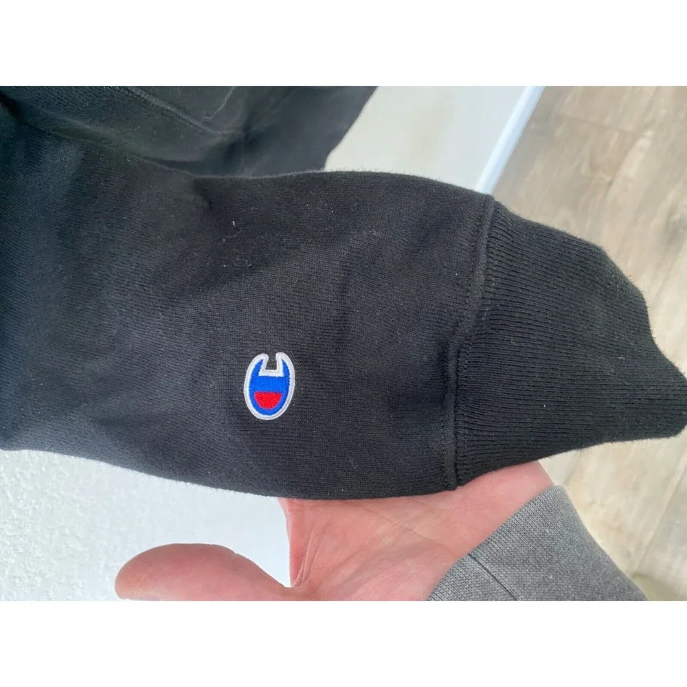 Champion Reverse Weave Black Hoodie Men's Small Sweatshirt Spell Out Logo - Picture 7 of 9